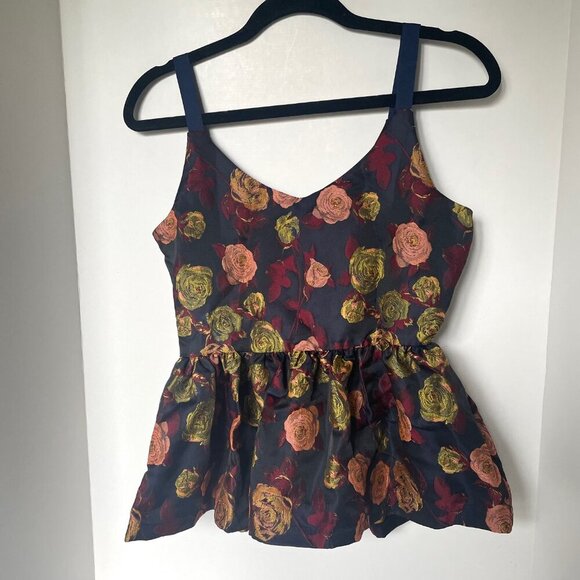 Anthropologie Tank Top Womens Small Black Sleeveless Floral Jacquard Peplum Hem - Picture 6 of 9